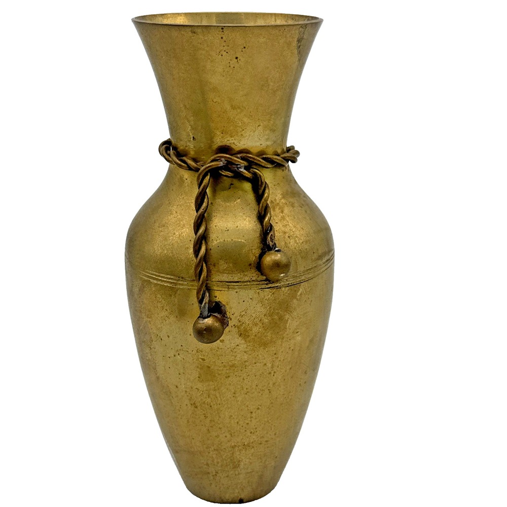 Vintage Brass Vase With Rope Tassel Tie 7" Tall Made In India Bud Small Flared